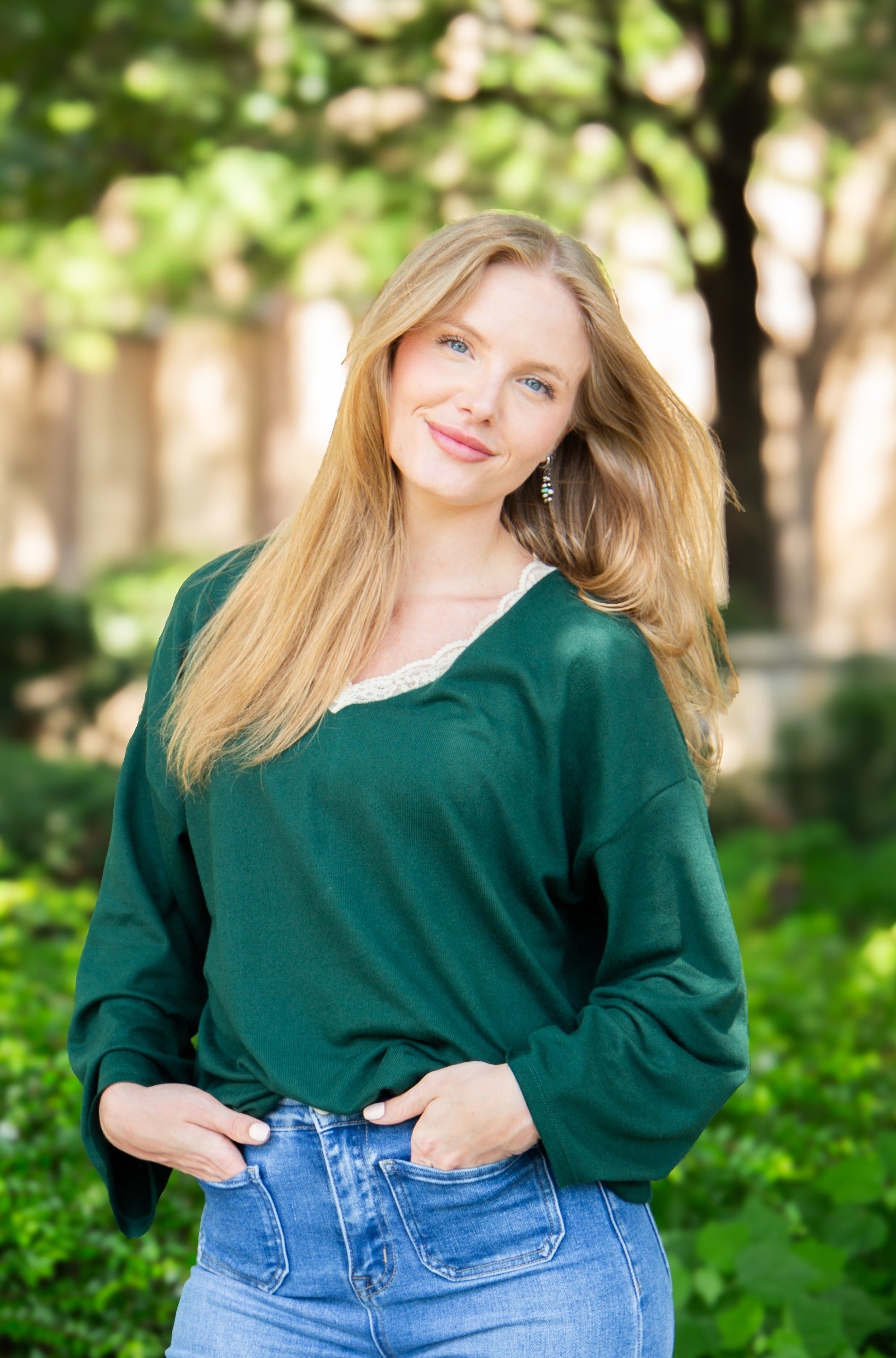 V-Neck Top with Lace Trim, Forest Green