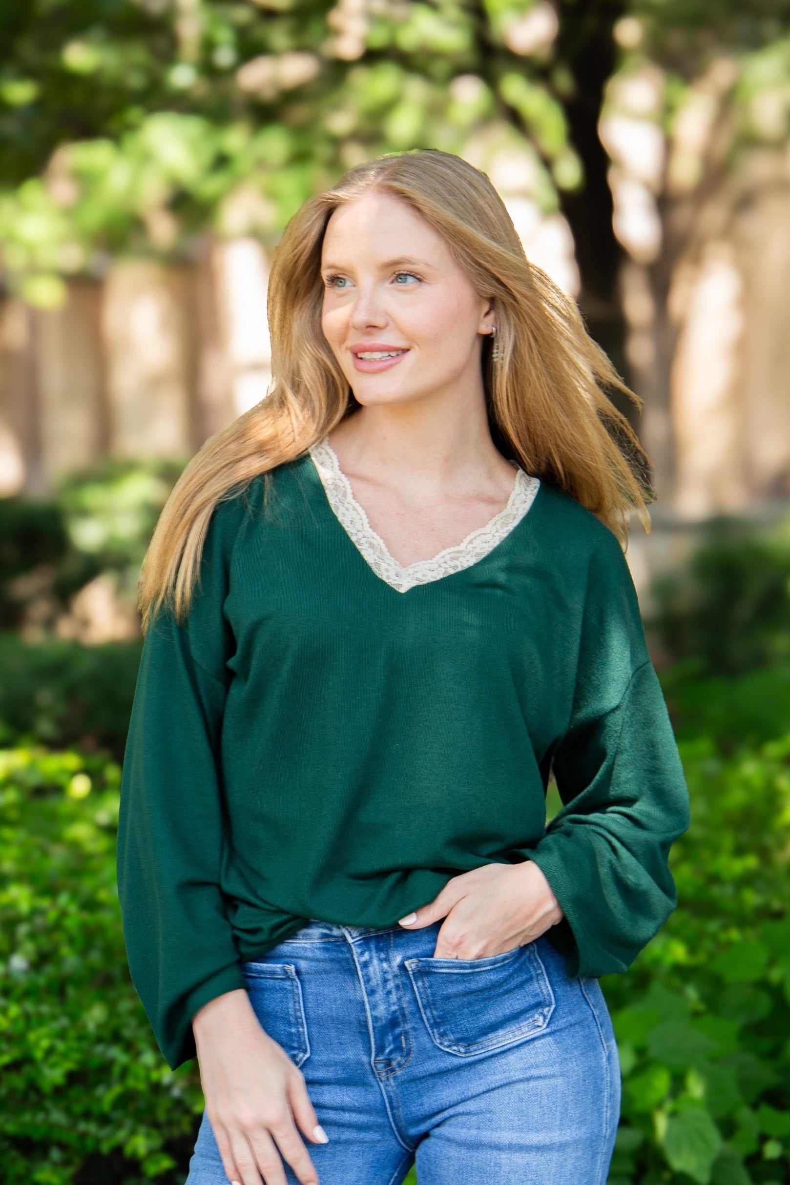 V-Neck Top with Lace Trim, Forest Green