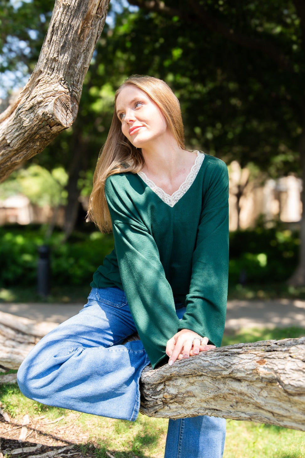 V-Neck Top with Lace Trim, Forest Green