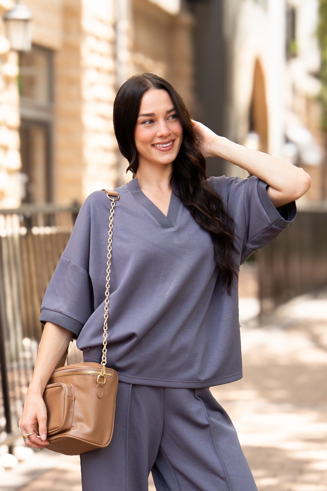 Butter Soft V-Neck Top, Slate Blue