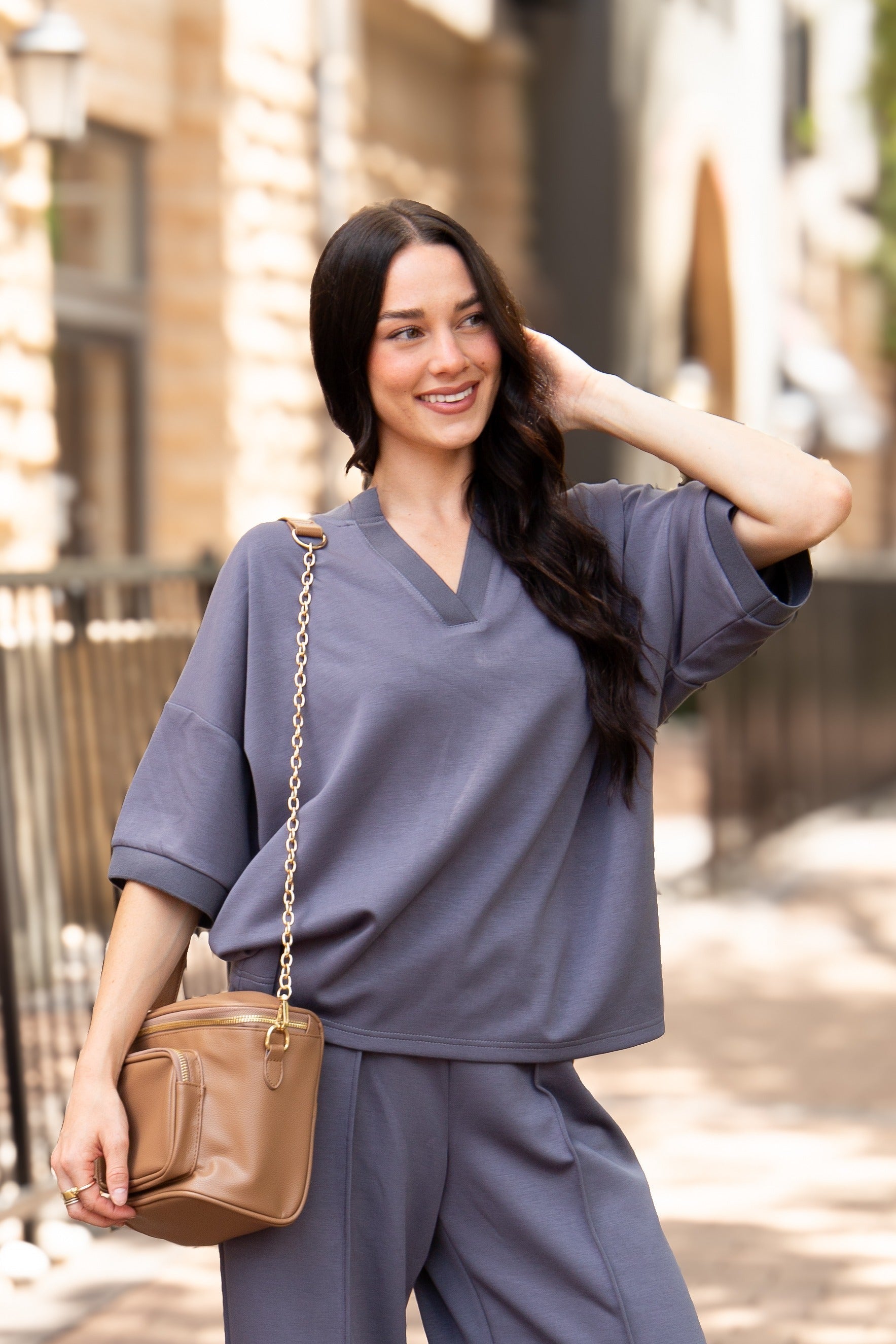 Butter Soft V-Neck Top, Slate Blue