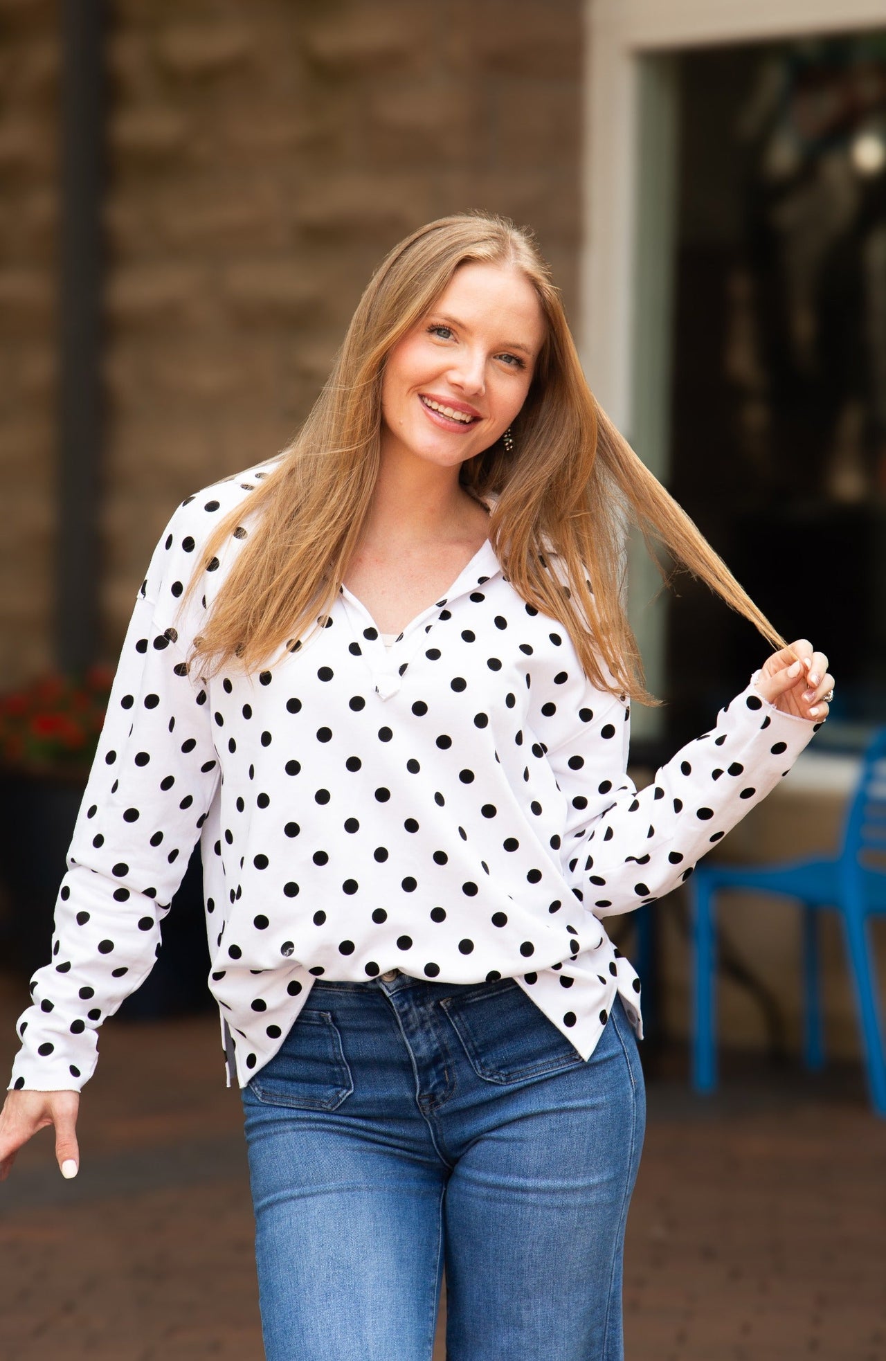 V-Neck Collared Pullover, Polka Dot