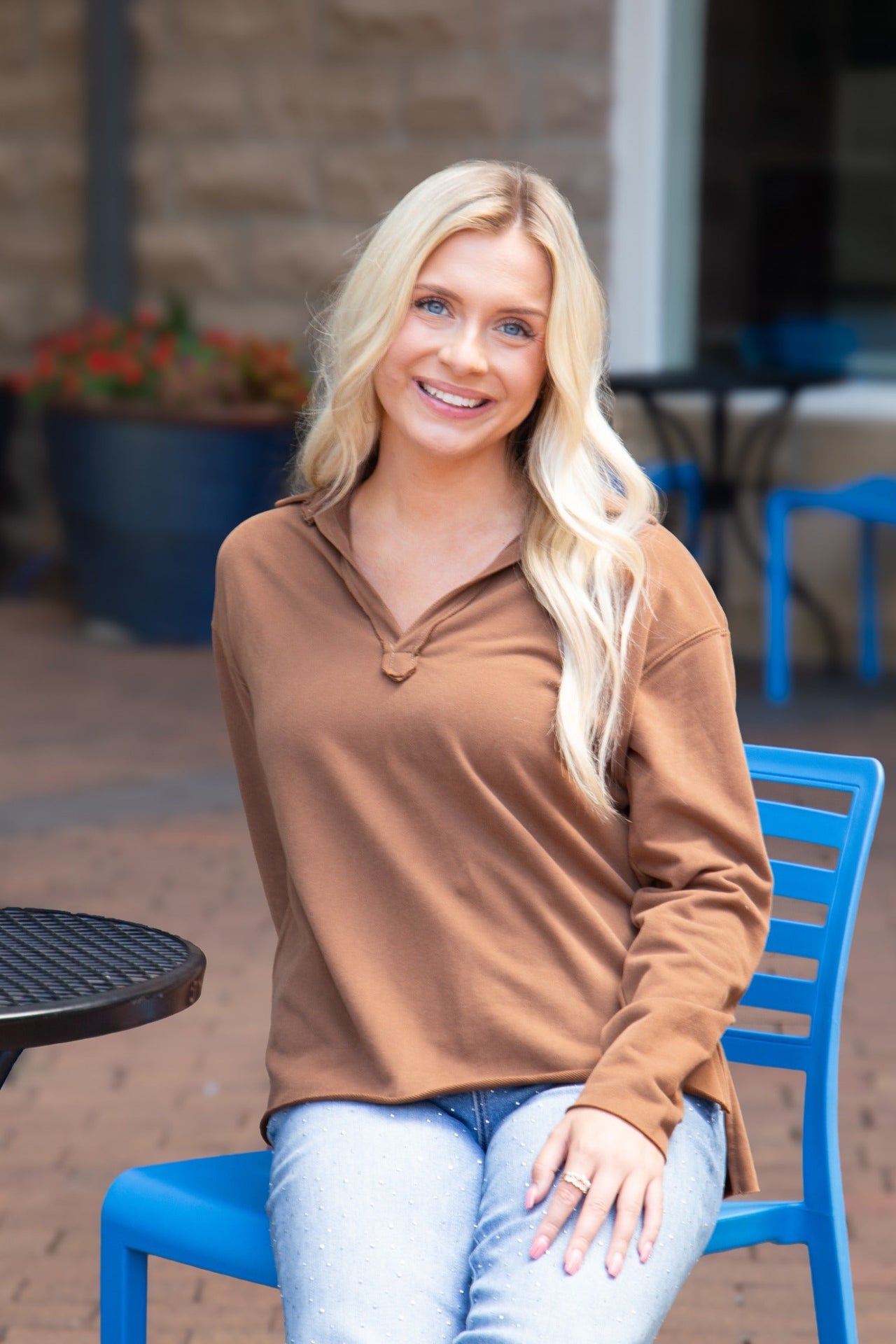 V-Neck Collared Pullover, Brown