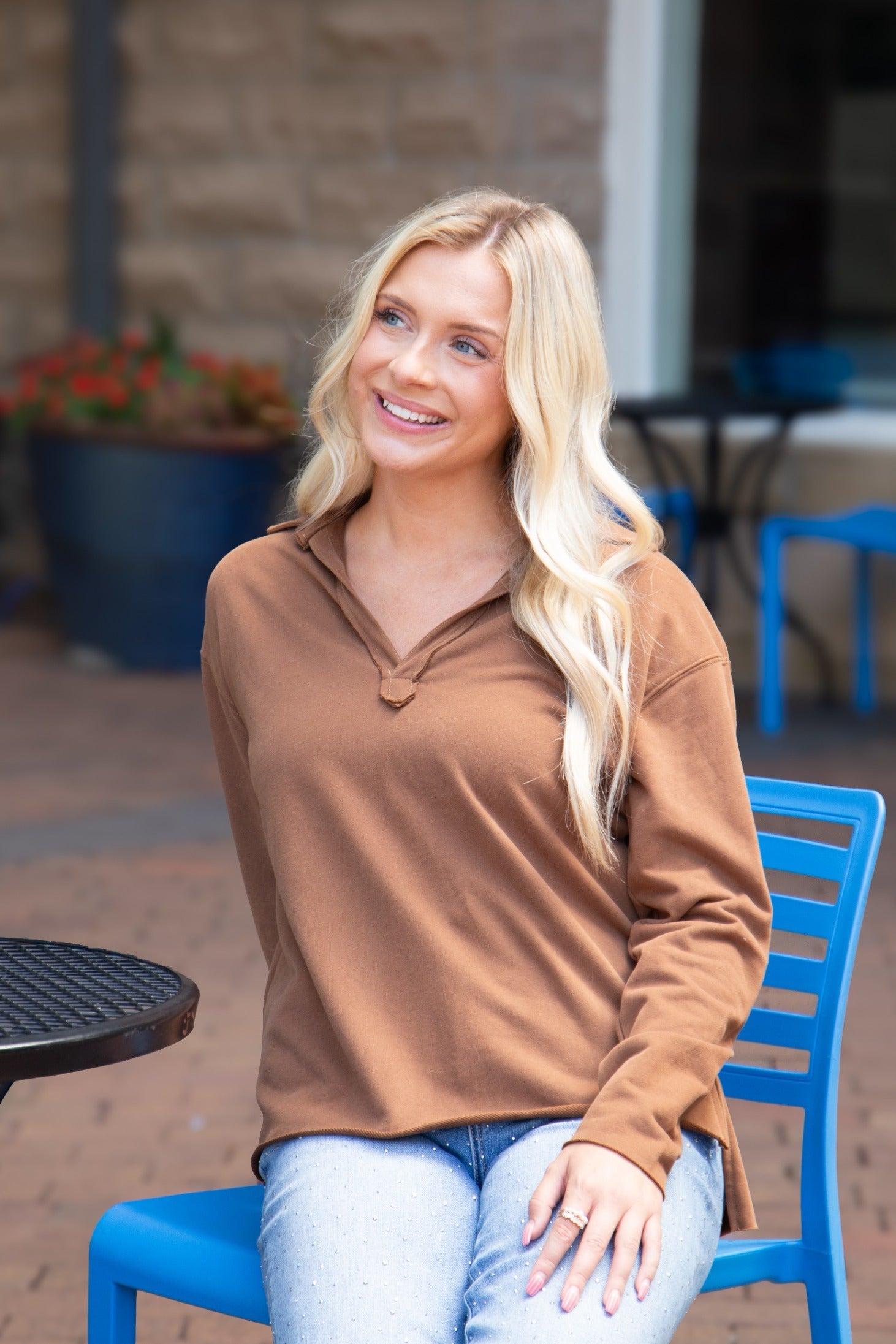 V-Neck Collared Pullover, Brown