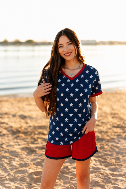 Blue and White Stars V-Neck Top