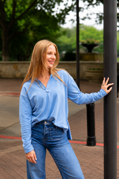 V-Neck Collared Pullover, Blue