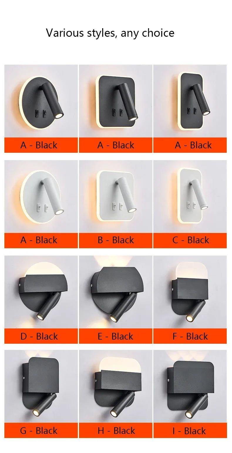 Modern Minimalist Led Wall Lamp USB Charging Indoor Bedroom Lamp Hotel Bedside Reading Lamp Wall Lights Sconce Switch AC 90~240V