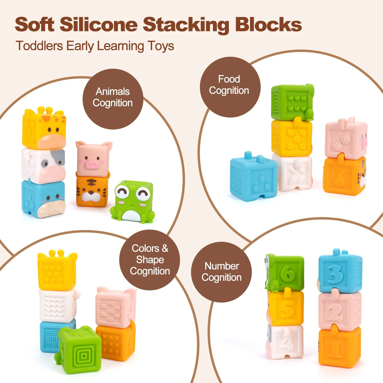 Baby Soft Silicone Building Blocks Toys 3D Cube Animal Stacking Toys Toddler Early Educational Sensory Montessori Toys Bath Toys