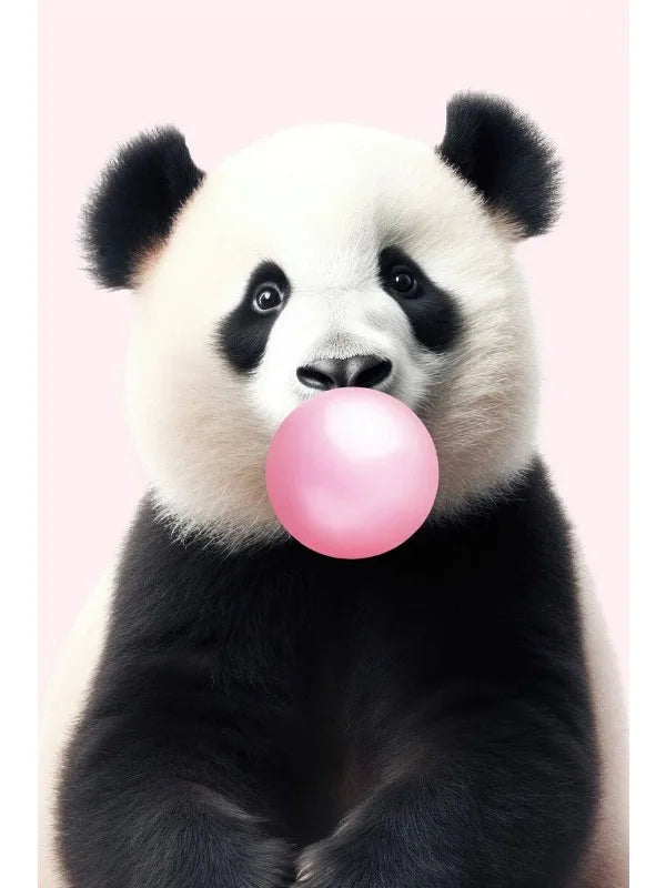 Cute Pink Panda Giraffe Bunny Cheetah Zebra Blowing Bubble Gum Poster Nursery Canvas Painting for Kids Room Animal Print Decor