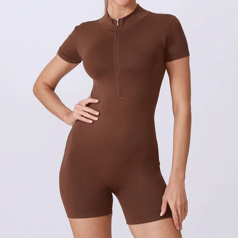 Summer Short Sleeve Zipper Jumpsuit Sports Wear Gym Fitness Sports Bodysuits Women Running Fashion Workout Clothes