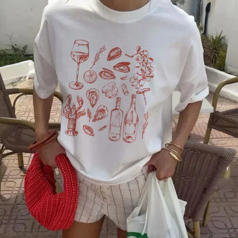 Summer American Ins Women's Retro Seafood Printing T-Shirt Trendy Retro Y2k Oyster Lobster Cute Loose Vacation Half Sleeve Top