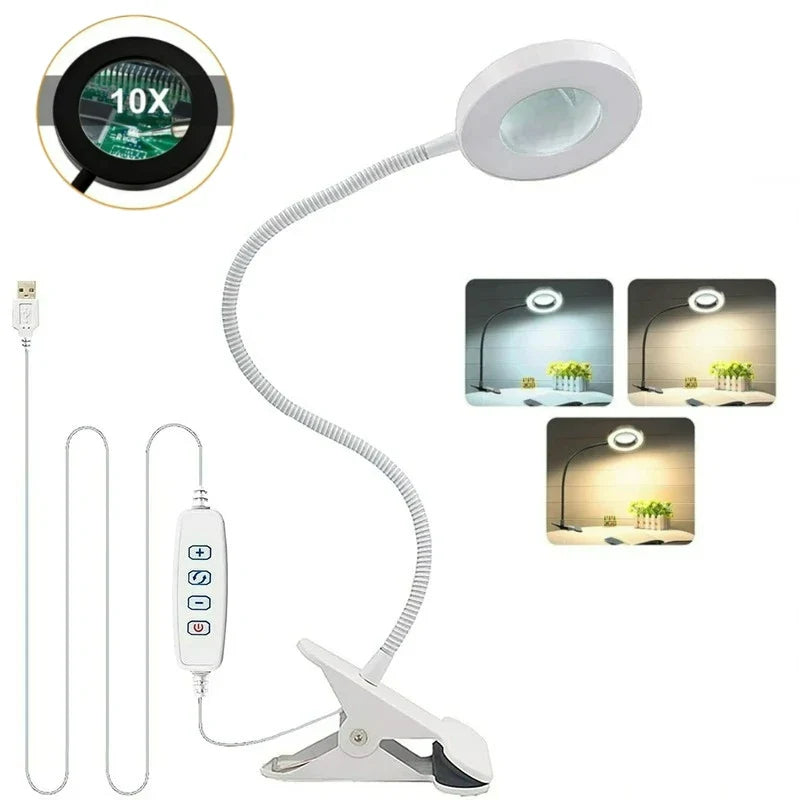 10X Magnifying Glass with 3 Color Modes LED Lighted Desk Lamp with Metal Clamp Flexible Gooseneck Magnifier for Reading Nail Art