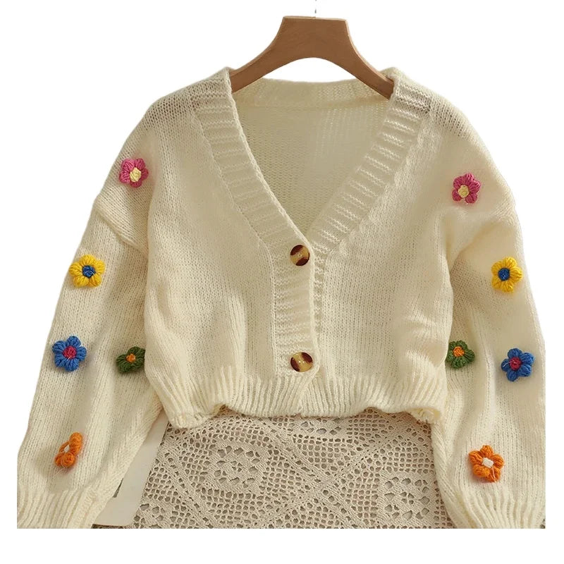 2026 New Spring Autumn Colourful Applique Flower Cardigan for Women Cute Long  V-neck Knit Crop Sweater Girl Soft Knitwear
