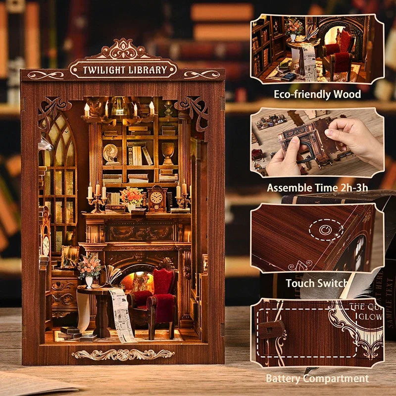 DIY Book Nook Kit - TWILIGHT LIBRARY Wooden Bookend, 3D Puzzle Assembly, Handmade Model for Christmas & Black Friday Gifts