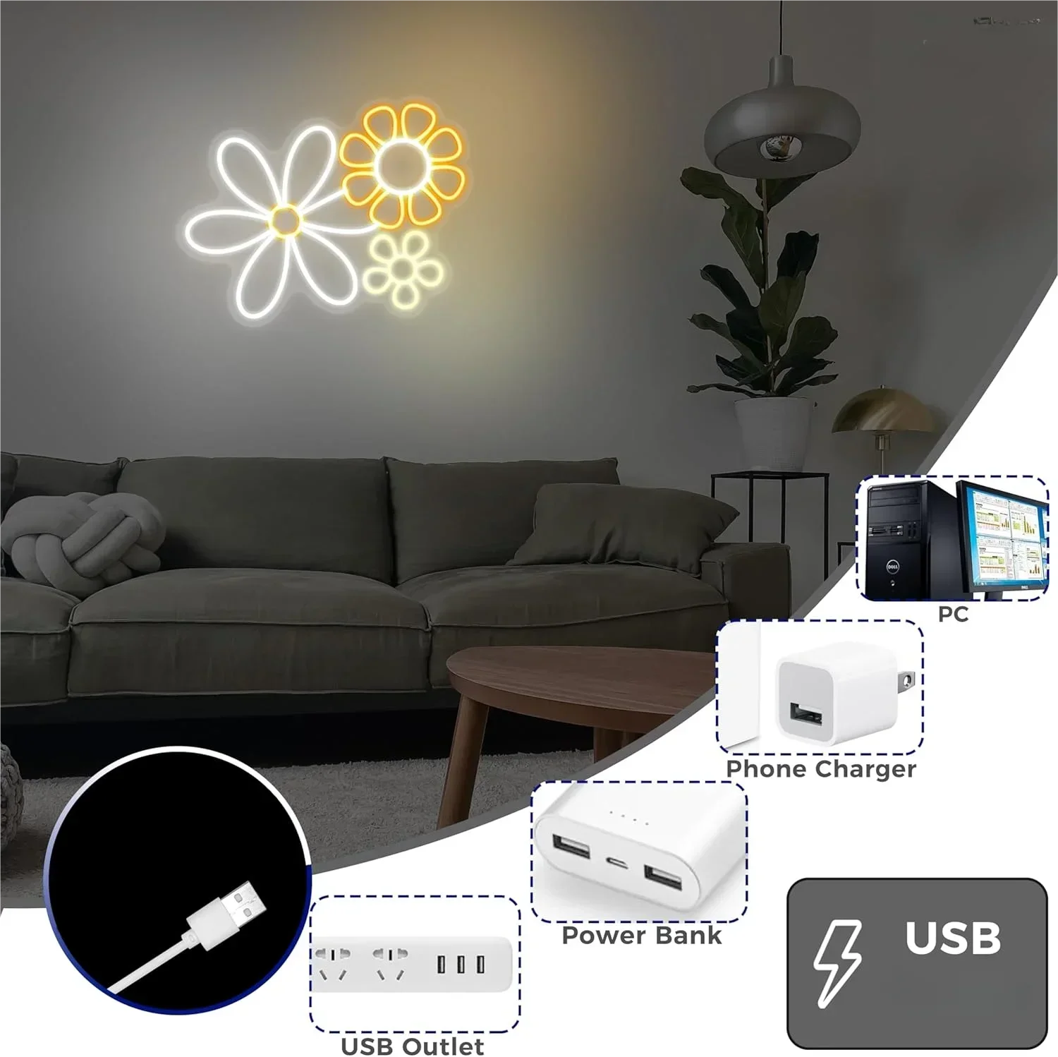 Flower Neon Sign LED Neon Light for Wall Decor for Bedroom Club Party Valentine's Day Birthday Gifts for Girl USB Powered