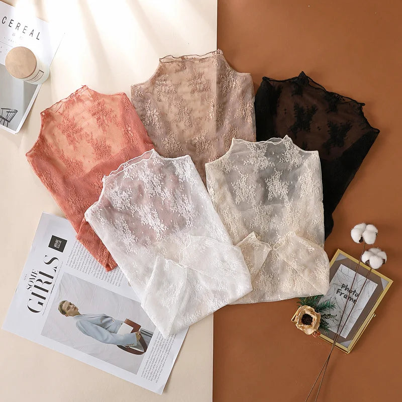 Sexy Women Mesh T-Shirts Transparent Lace Blouse Long Sleeve See Through Tops For Women Bottoming Shirt Sheer Tees Body Crop Top