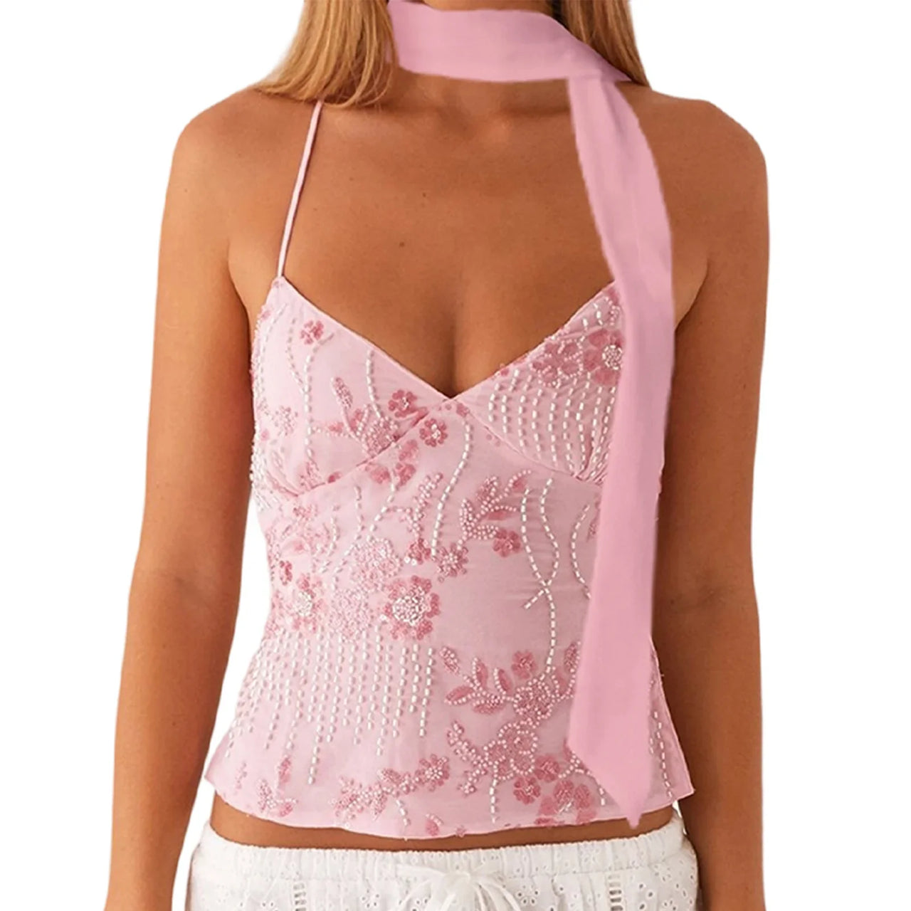 hirigin Sequin Halter Crop Tops for Women Y2k Pearl Embellished Cami Tops Summer Glitter V Neck Rhinestone Camisole Tank Shirt