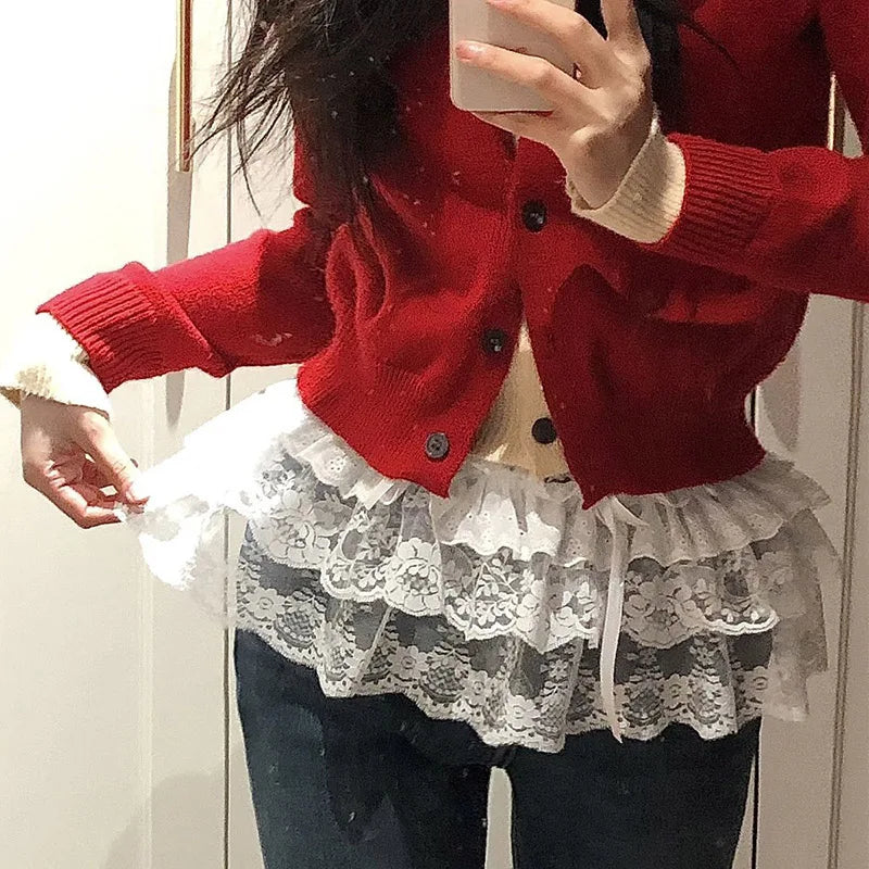 Solid Harajuku White Beige Mesh Lace Skirt Y2k Korean Girl Stacked Skirt Chic Apron Wrap Skirt Lace Up Matching Pants Streetwear