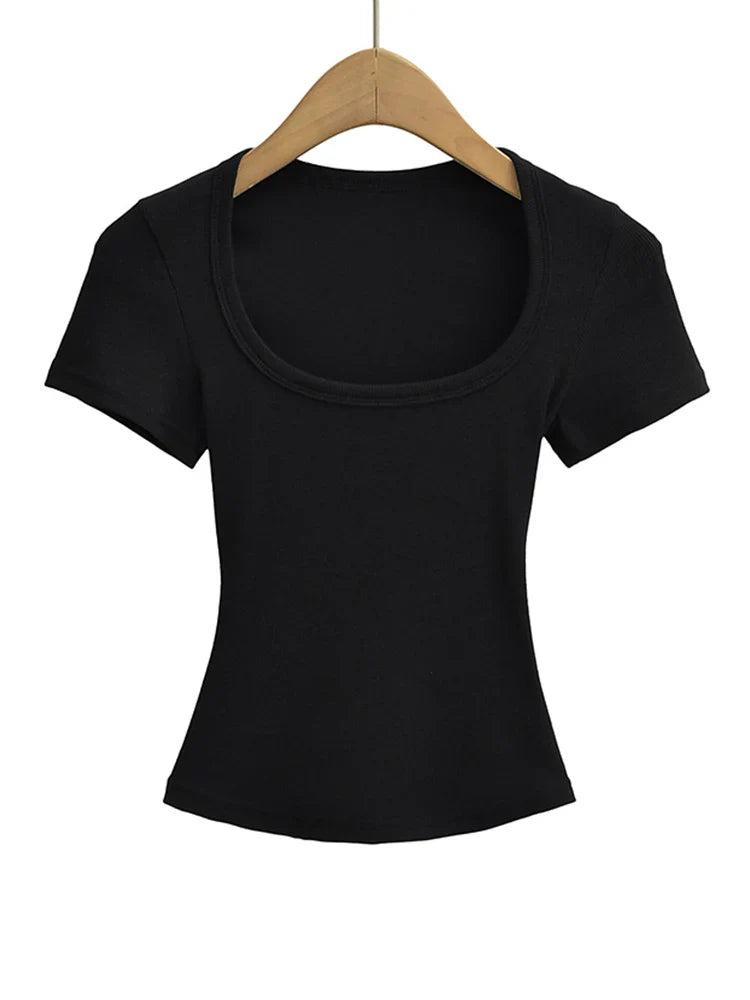 Summer square neck high elasticity crop top women's short sleeved sexy top slim fit pullover base shirt