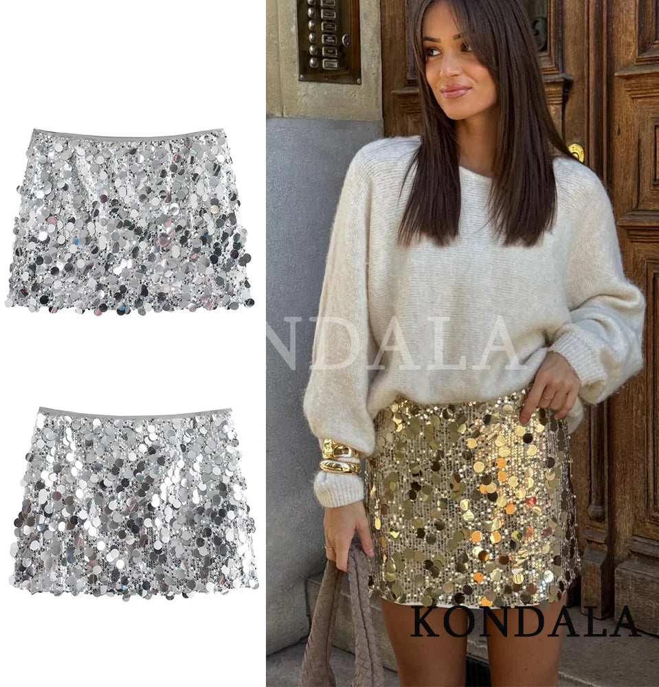 KONDALA Sexy Party Sequined Mini Skirts Women's Hip Wrap Sequin Mini Skirts 2026 Spring Summer Fashion Dinner Date Ladies Skirts
