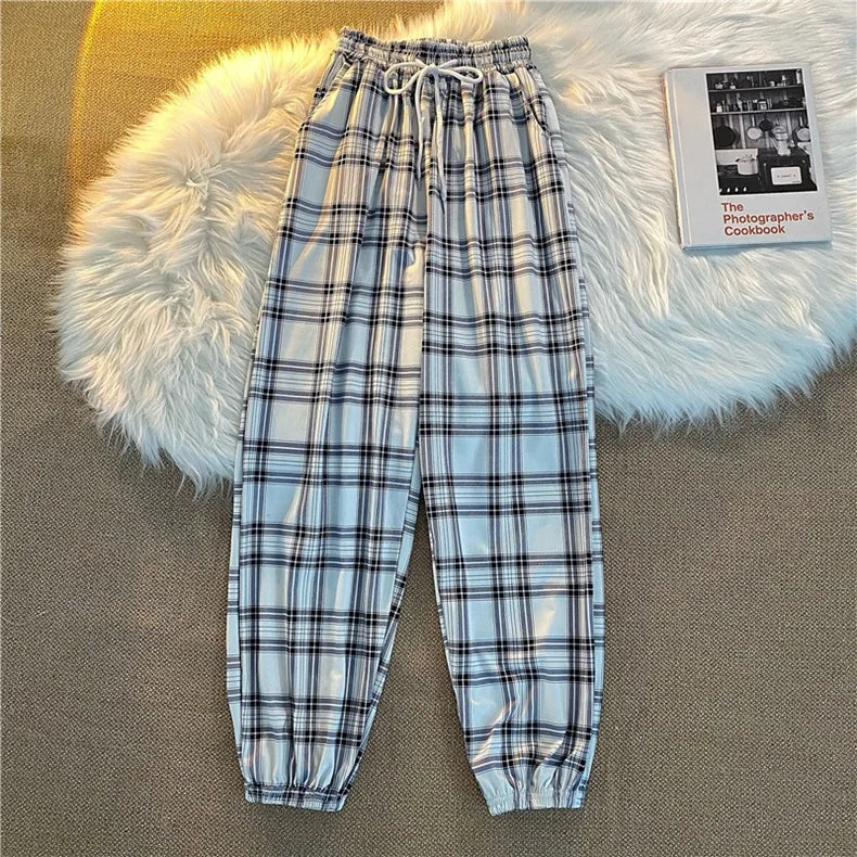 Pants Women New Bunch of Feet Fashion Loose Black Plaid Summer Harajuku Students Streetwear Harem Long Trousers Womens Chic