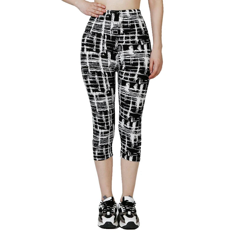 QR33 Women's Summer Capris Elastic Waist Leggings Abstract Plaid Printed Leggings Fitness Breathable Sports Pants