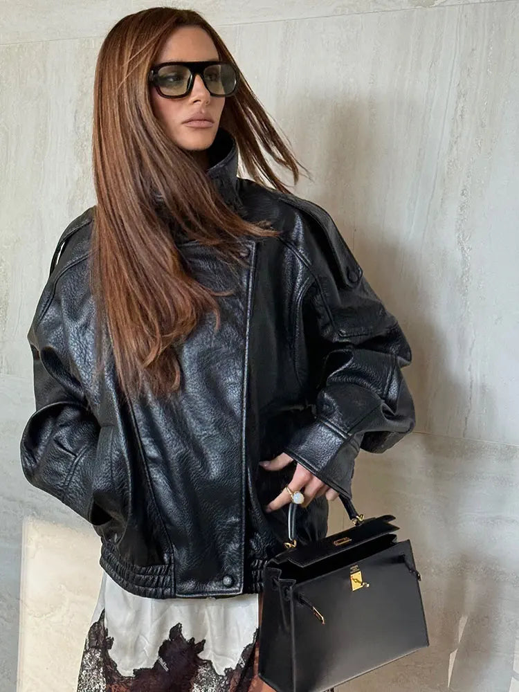 HH Autumn Faux Leather Jacket For Women Casual Solid Long Sleeve Zipper Pu Leather Coats New Fashion Female Streetwear