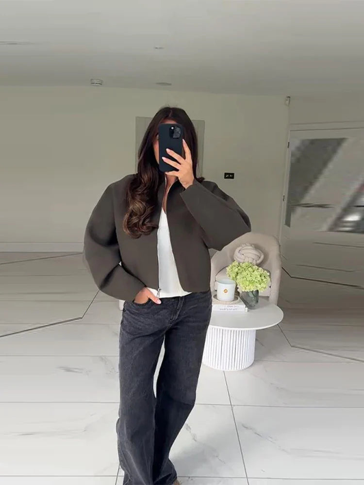 Vintage Stand Collar Women's Cropped Jacket Zipper Loose Full Sleeve Thick Warm Coat 2025 Autumn Winter Lady New in Outwear