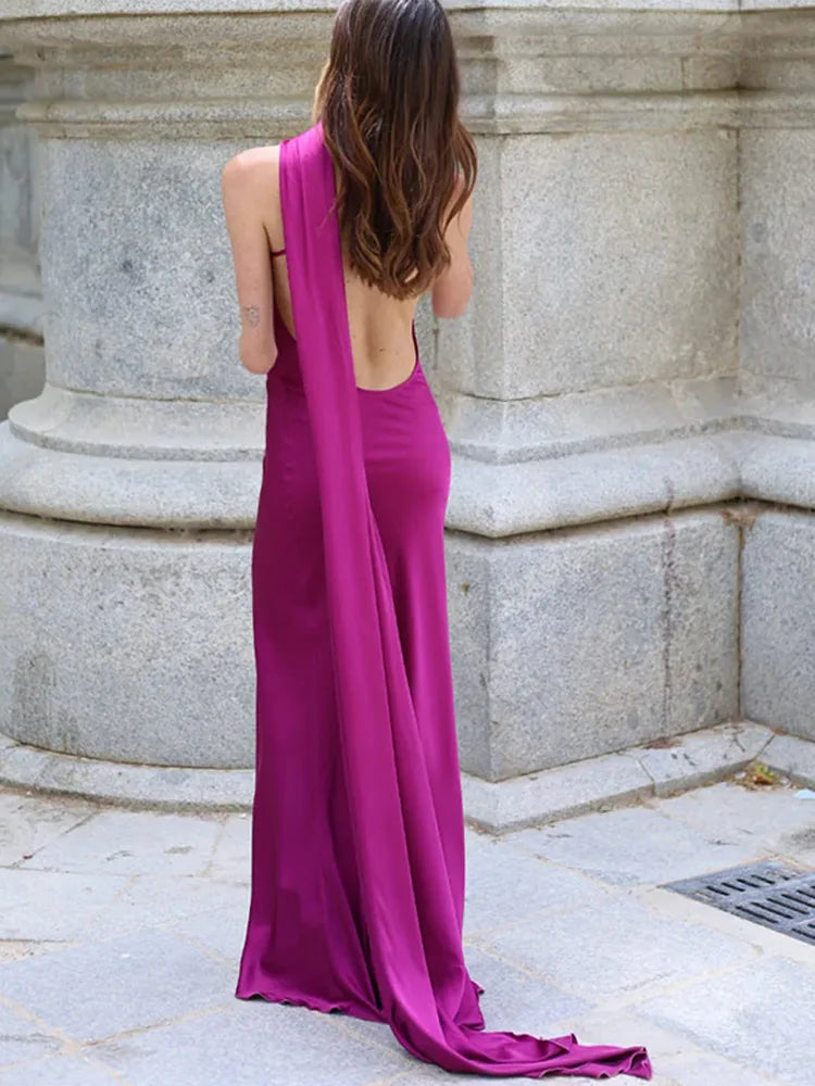 Elegant Women's Ribbon Long Satin Party Dress Halter Backless Sleeveless Female Dresses 2026 Summer Lady Solid Evening Gowns