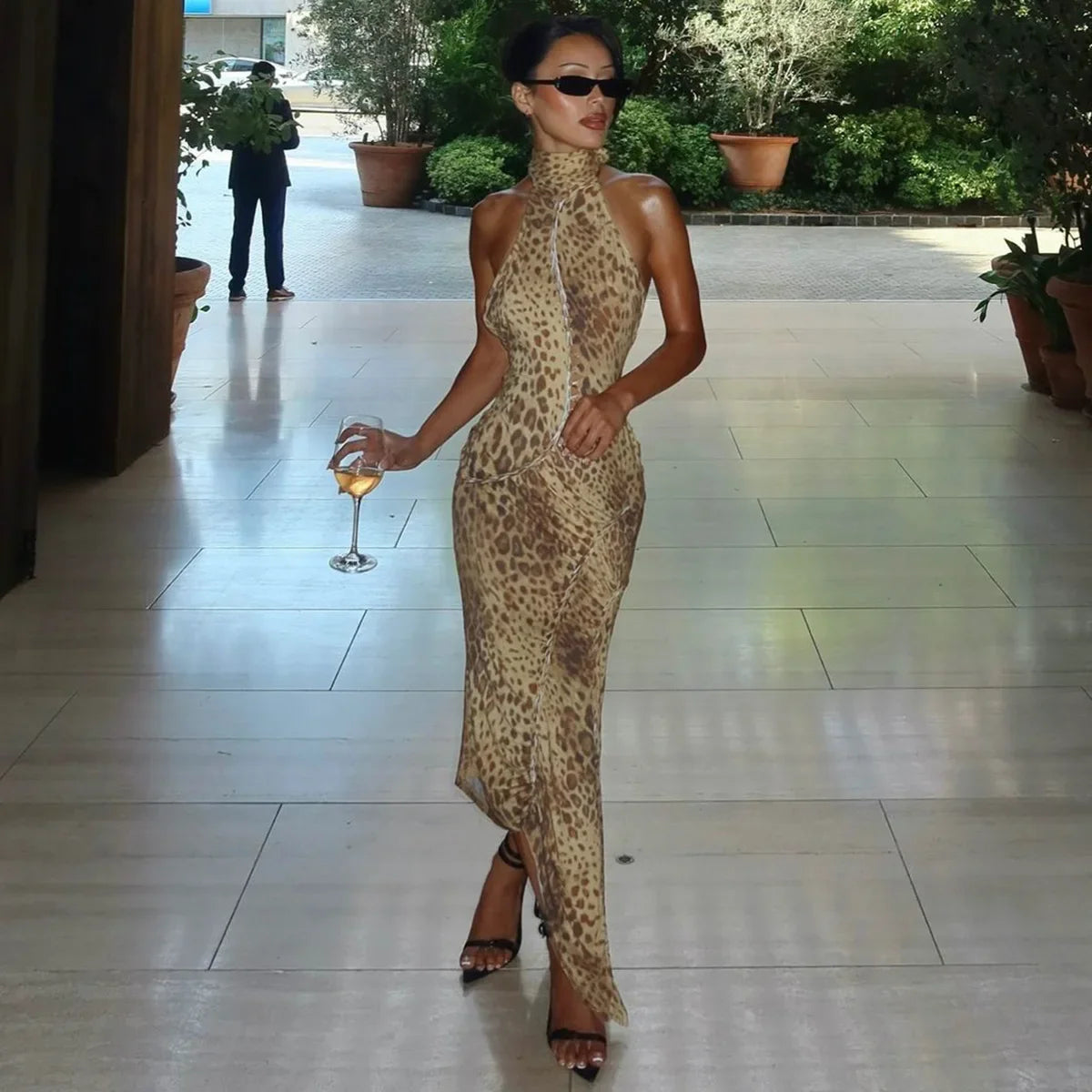 Cryptographic Fashion Halter Leopard Sexy Backless Maxi Dress Women Club Outfits Bandage Embellished Long Dresses Robe Clothes