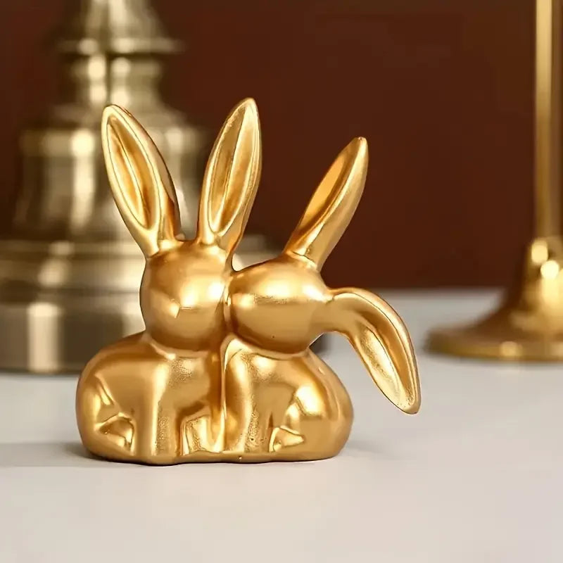 1pc  Collectible figurine  ,Golden cute double rabbit ornament, creative decorative item for home desktop.