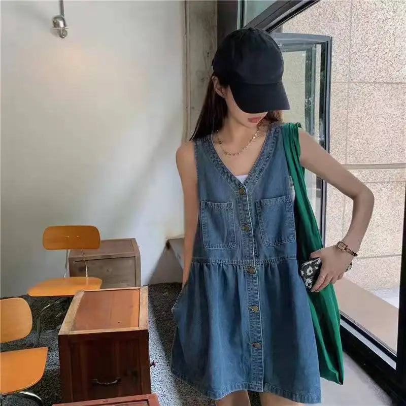 Sleeveless Strap Dress Women Summer Single-Breasted Pockets Denim Dresses Woman Korean Style Loose A Line Mini Dress