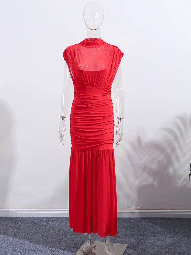 Chic Red Pleated Evening Party Long Dresses Elegant Fly Sleeve Mesh Patchwork Maxi Dress Women Summer Vacation Beach Vestidos