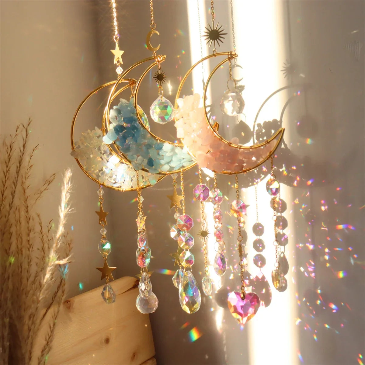 Hourglass Moon Purple Blue Green Pink Crystal Sun Catcher Pendant Decoration, Half Moon Window Hanging Pendant - Home and Garden