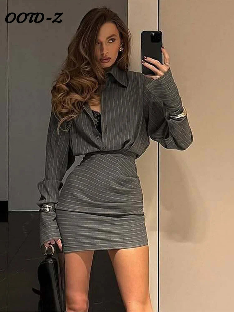 Sexy Striped Mini Skirt Set Women Elegant Lapel Single-breasted Shirts Hip Package Skirts 2026 Spring Slim Fashion Lady Outfits