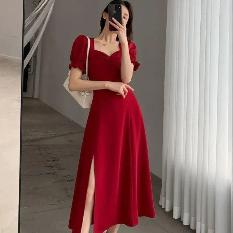 Women Summer V-neck Puff Short-sleeved Dress Elegant Female Side Slit Long A-Line Dresses Solid Sexy Slim Evening Party Vestidos