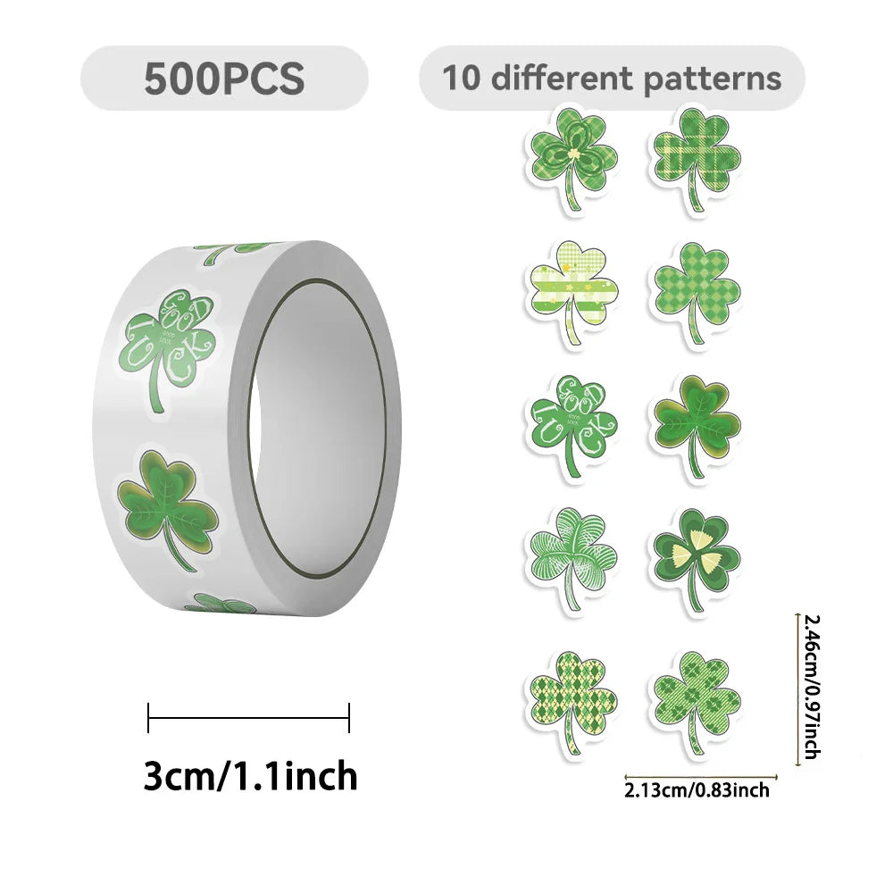 500PCS Green Roll Stickers Cartoon Clover Decorative Notebook Stationery Reward Waterproof Stickers