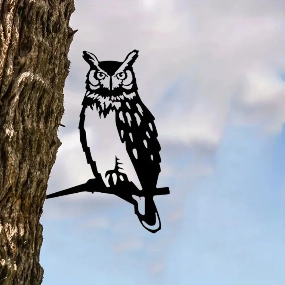 Metal Bird Tree Yard Decor - Crow & Owl Silhouette Steel Art Sculpture, Weather-Resistant Outdoor Garden Decor