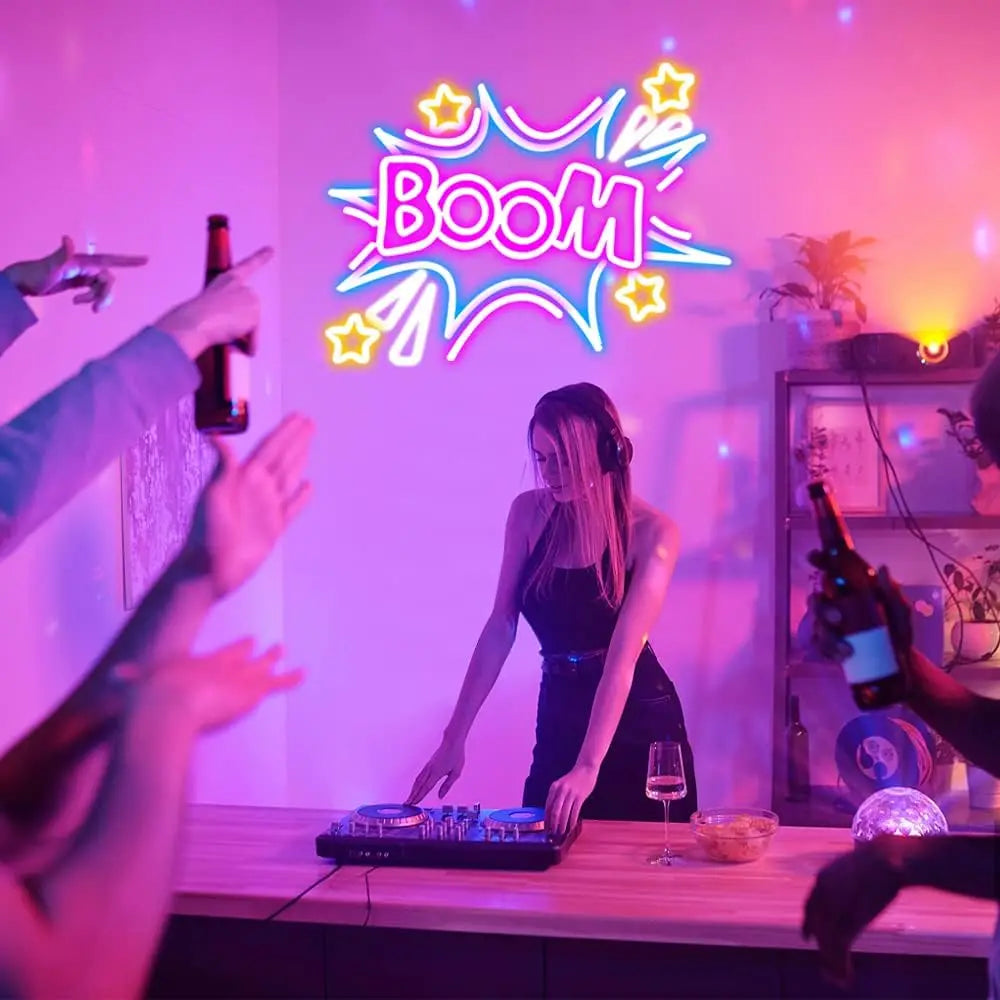 Boom Neon Sign Cool Neon Sign Wall Decor for Bedroom Man Cave Restaurant Bar Party Birthday Gift for Friend USB Powered