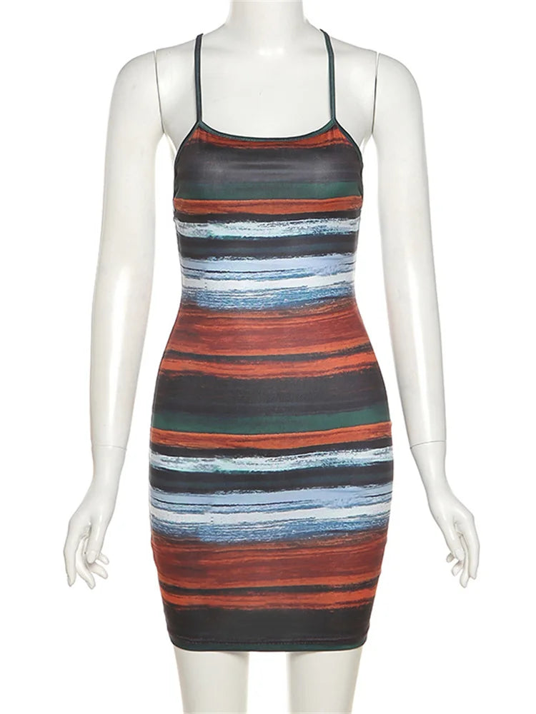 Kliou Panelled Striped Mini Dresses Aesthetic Women Sexy Skinny Slash Neck Camisole Backless Vintage Midnight Clubwear Outfits