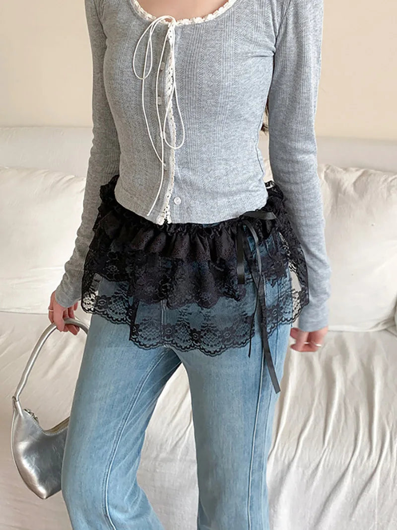 Solid Harajuku White Beige Mesh Lace Skirt Y2k Korean Girl Stacked Skirt Chic Apron Wrap Skirt Lace Up Matching Pants Streetwear