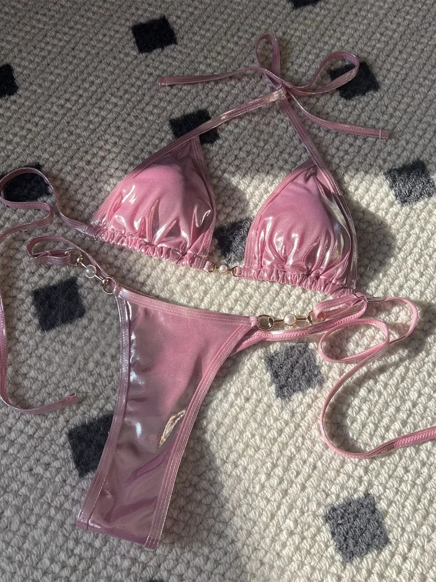 Shiny Pink Micro Bikini 2026 Mujer Women Sexy PU Pearls Push Up Thong Swimsuit Summer Bathing Suit Bandage Holiday Swimwear