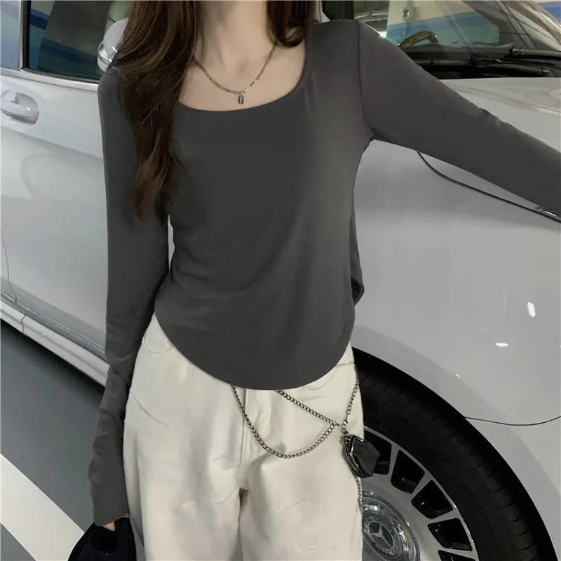 Women's temperament elegant bottoming thin section long-sleeved T-shirt irregular Slim short tops bottoming shirt