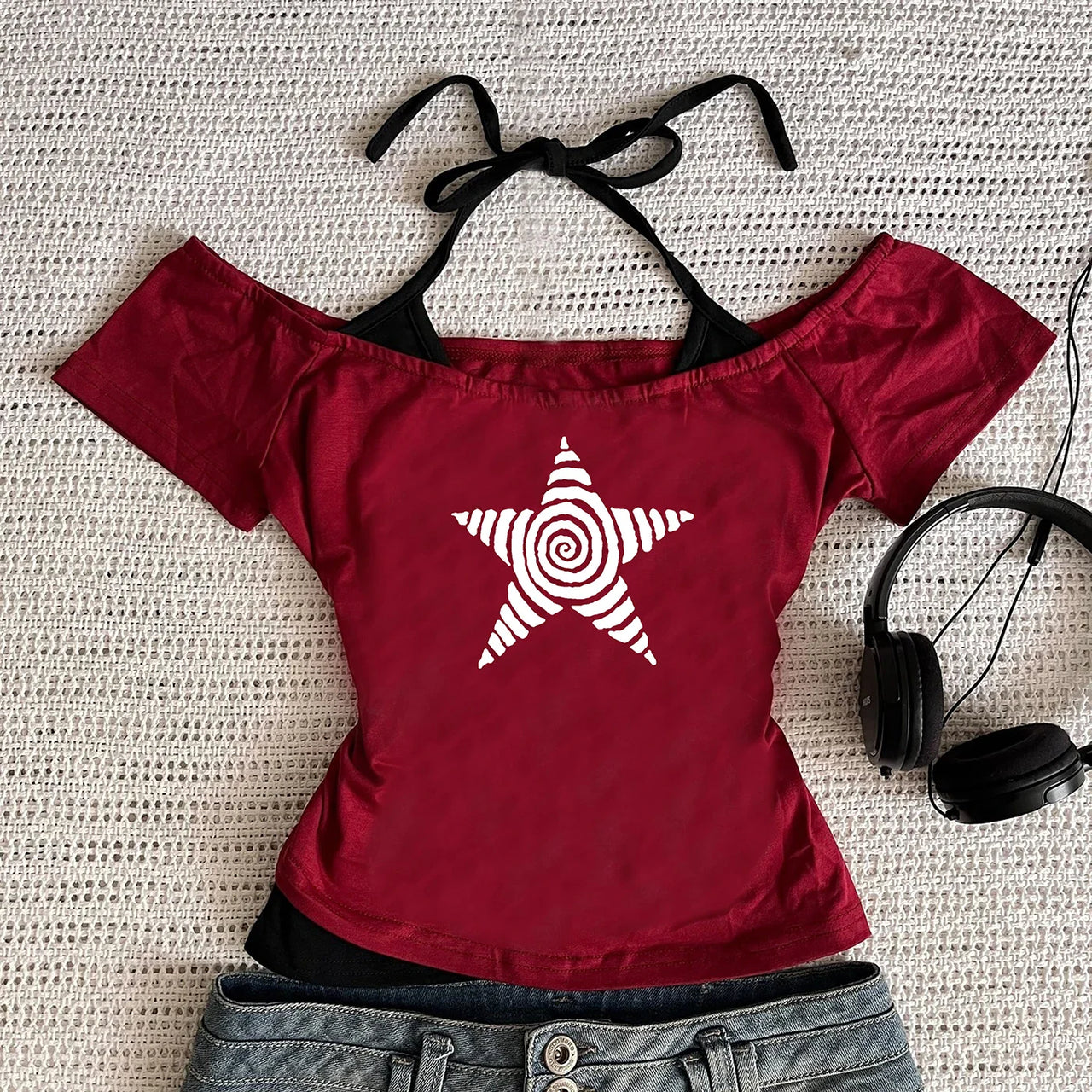Women's Harajuku 2025 Summer Casual T-Shirt Y2K Retro Streetwear Halter Neck Print Fake Two-Piece Set Fashionable Street Style