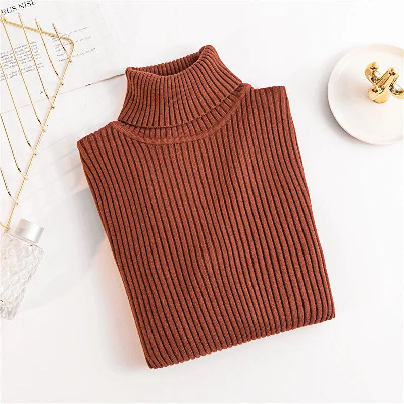2026 Autumn Winter Women Long Sleeve Knitted Foldover Turtleneck Ribbed Pull Sweater Soft Warm Femme Jumper Pullover Clothes