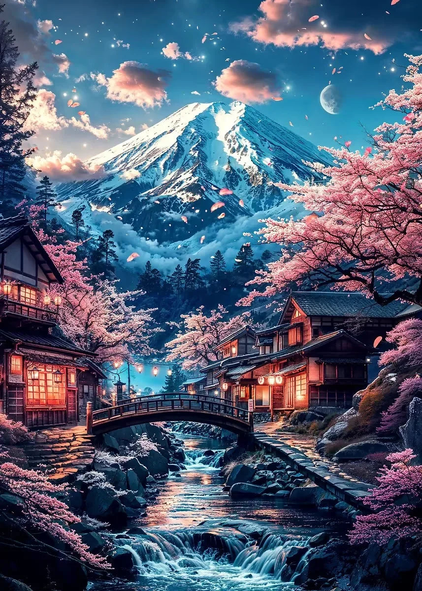 Pink City Asian Travel Japanese Cherry Blossoms At Mount Fuji Poster Light Prints Canvas Painting Wall Pictures Home Room Dec