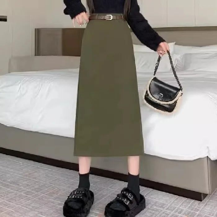 Retro Hong Kong Style Thickened Corduroy Solid Color Half-length Skirt Women's Autumn Winter Wraparound Skirt Mid-length Skirt