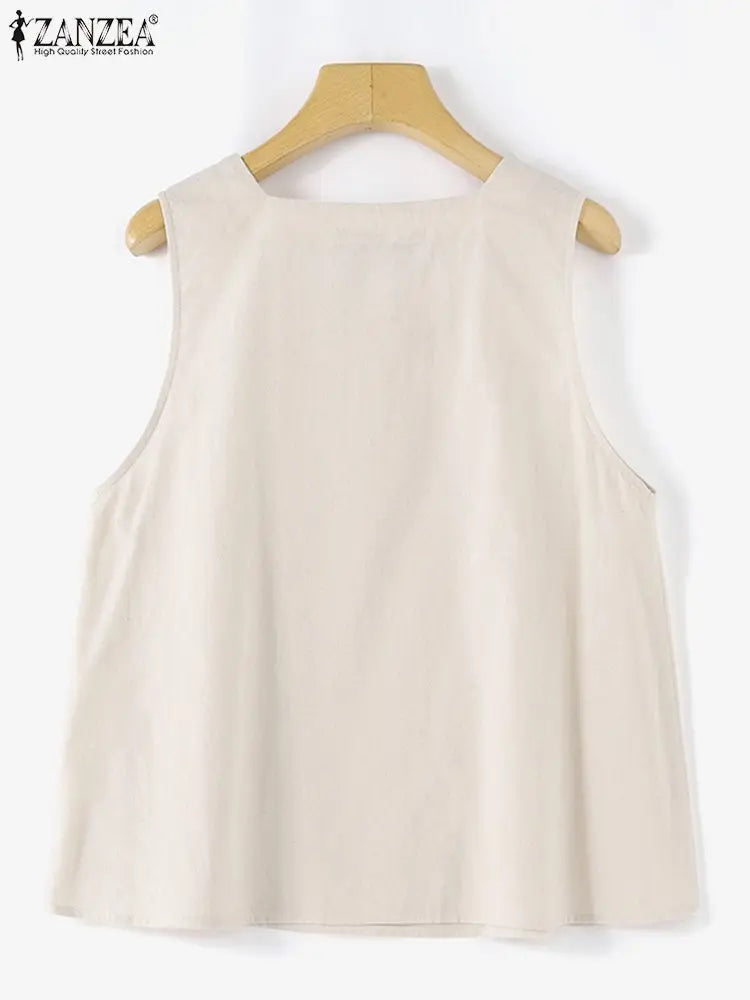 ZANZEA Summer Tanks Tops Women Square Neck Sleeveless Blouse Elegant Cotton Shirt Casual Solid Holiday Beach Blusas Female Tunic