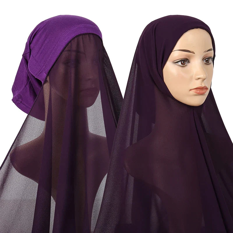 New Plain Instant Hijab Bubble Chiffon With Modal Tube Cap Set Muslim Woman Hijab Innerscarf Casual Long Scarf Islamic Turban