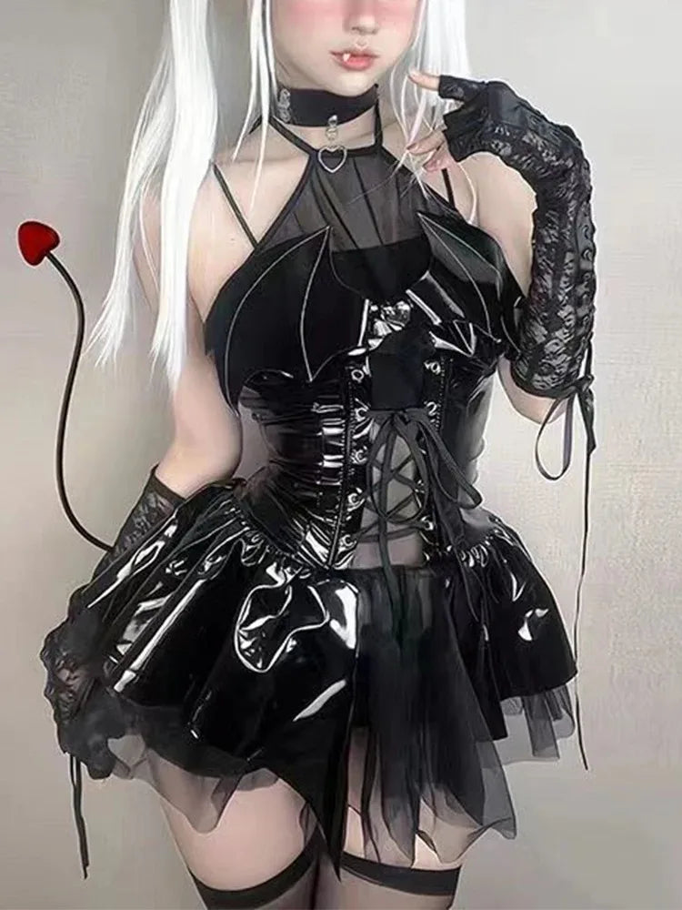 Sexy Cosplay Pu Dress Women Harajuku Streetwear Grunge Bandage Hollow Out Bats Dress Punk Y2k E-girl Mall Gothic Clothes